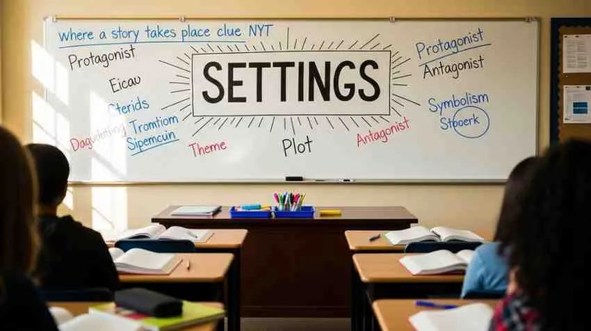 where a story takes place NYT crossword clue