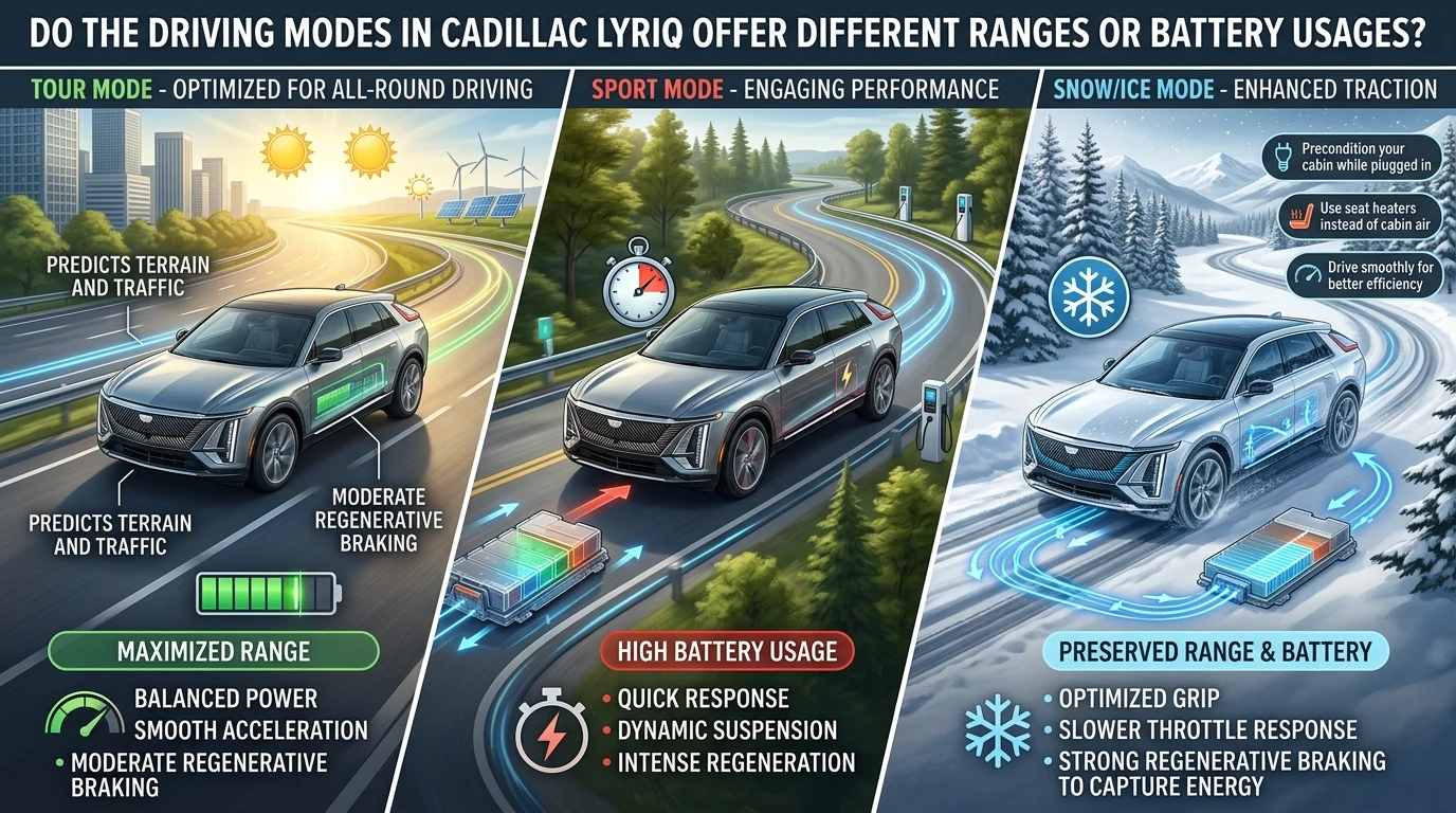 do the driving modes in cadillac lyriq offer different ranges or battery usages?