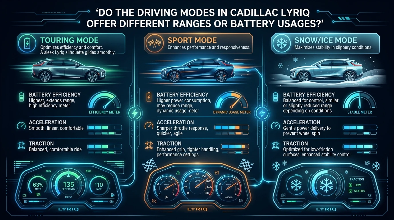 do the driving modes in cadillac lyriq offer different ranges or battery usages?
