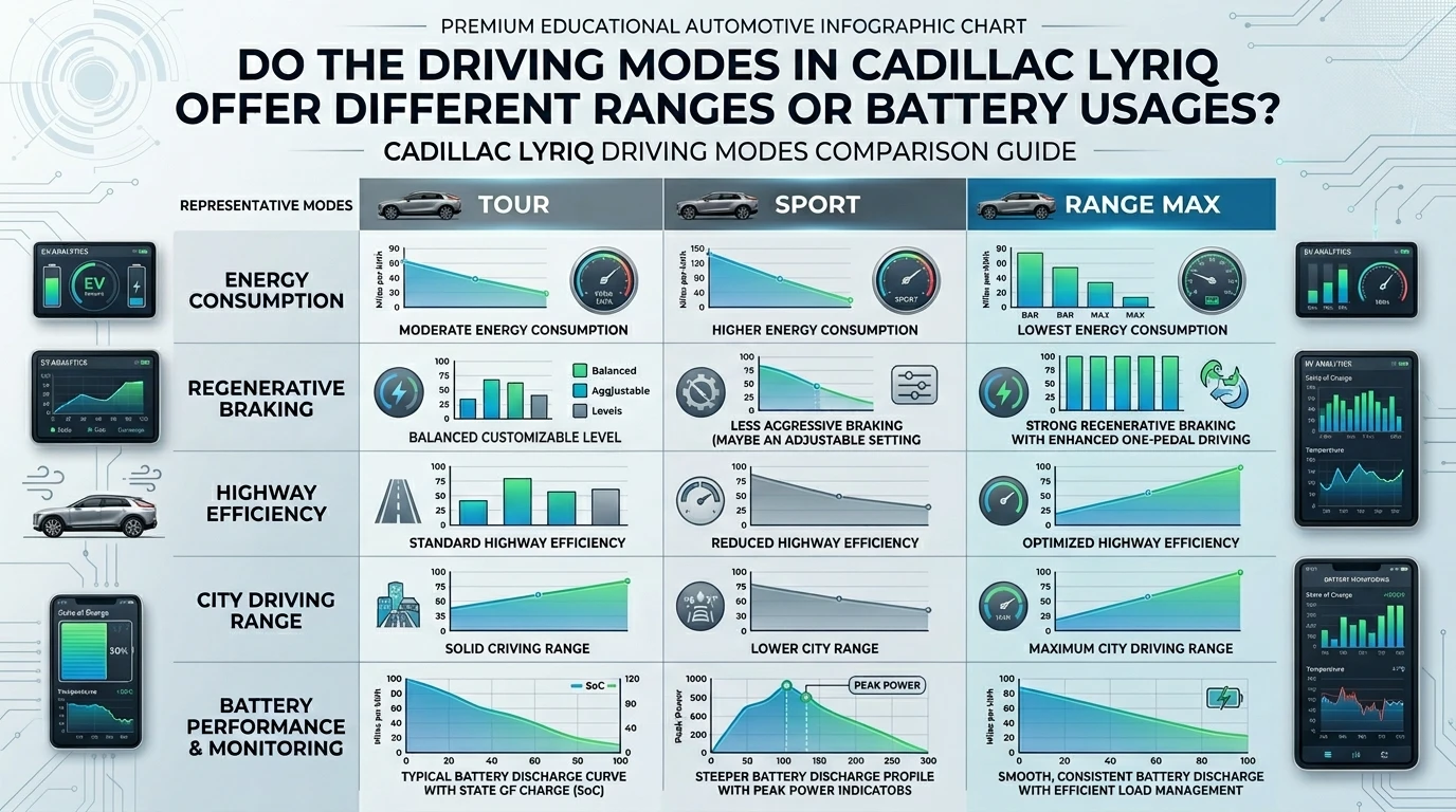 do the driving modes in cadillac lyriq offer different ranges or battery usages?